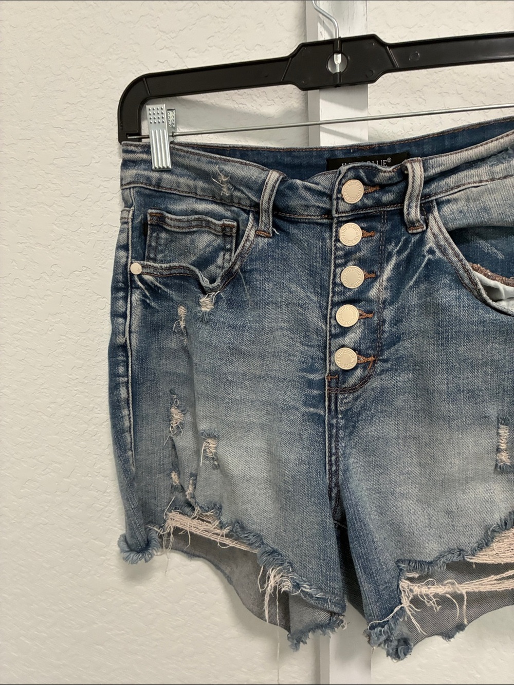 Judy Blue Distressed Blue Button-Fly Denim Shorts - Picture 3 of 9